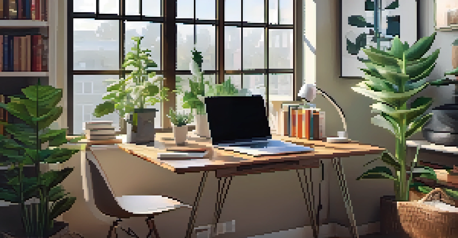 A stylish workspace with a laptop, coffee, and indoor plants by a window.