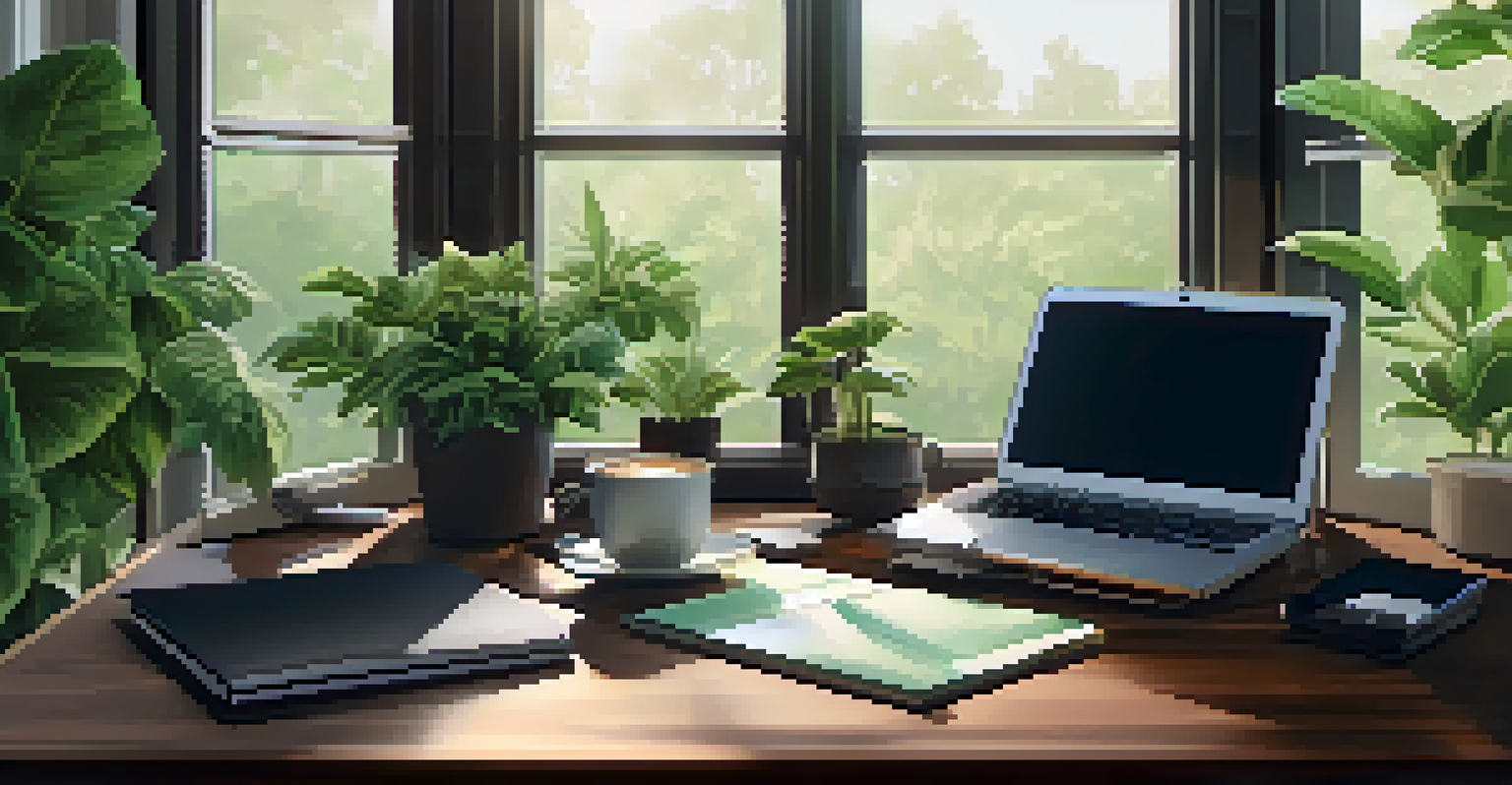 An elegant office desk with a laptop, notebooks, coffee, and plants, illuminated by natural light.