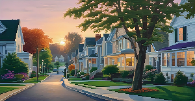 A peaceful suburban neighborhood at sunset with various homes and families outside enjoying the evening.