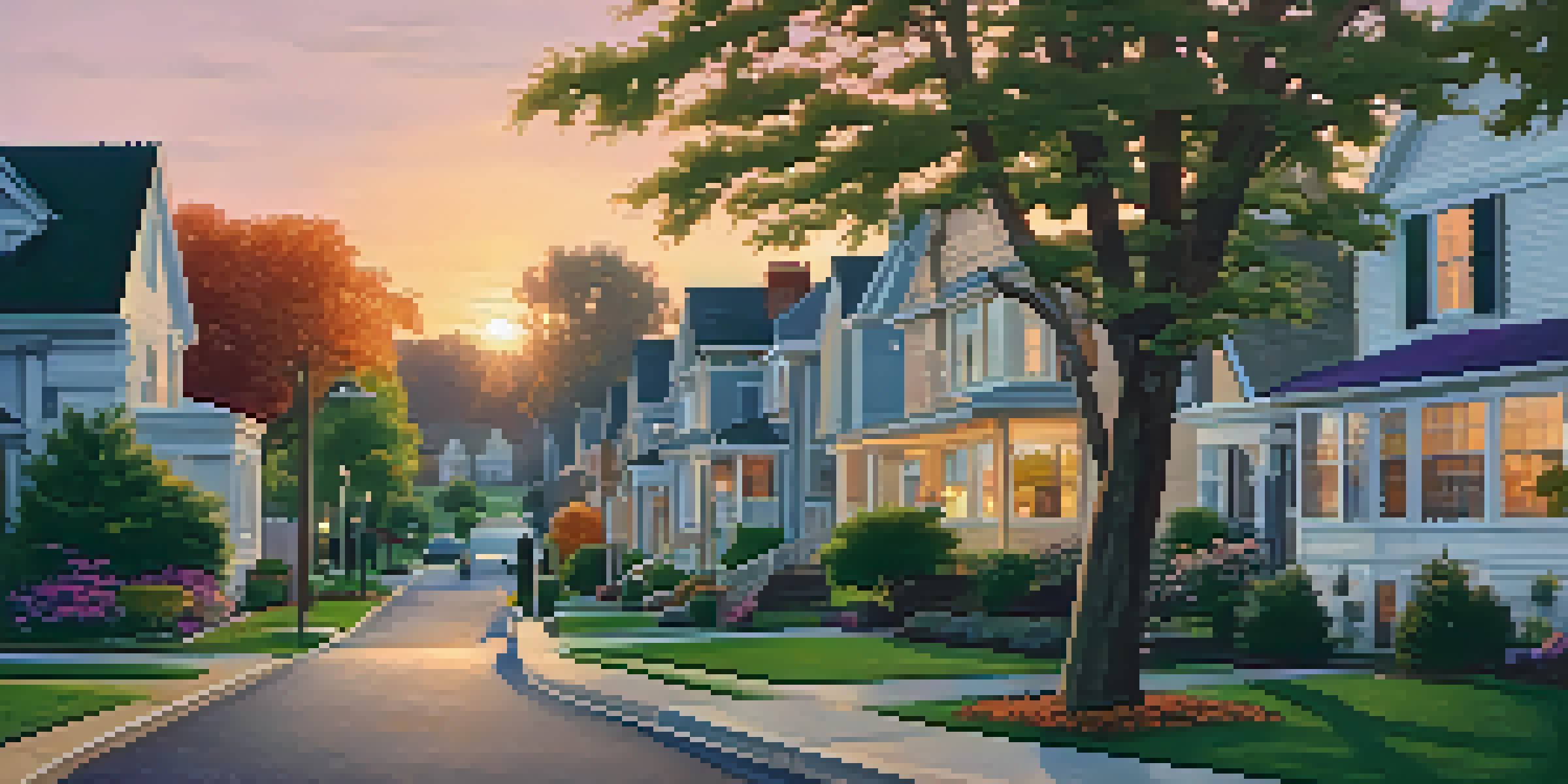 A peaceful suburban neighborhood at sunset with various homes and families outside enjoying the evening.