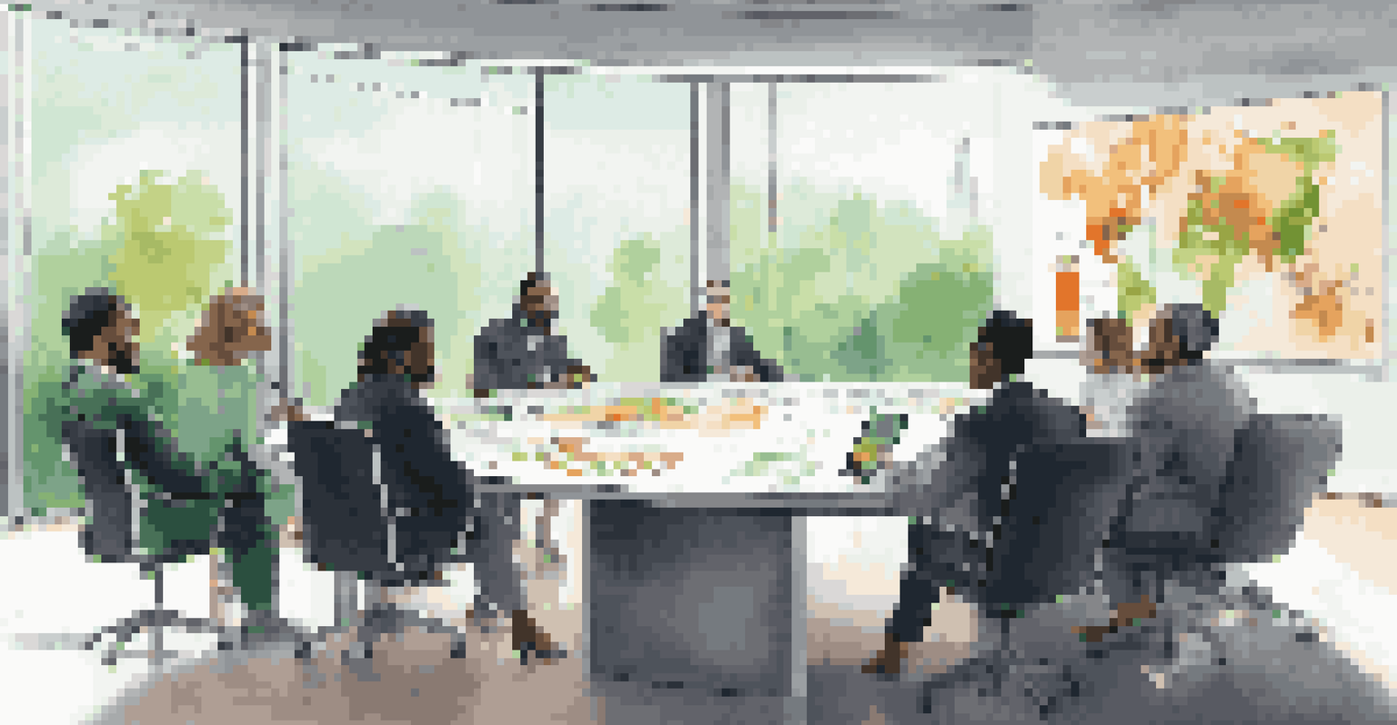 A group of investors discussing strategies around a conference table, with charts displayed on a screen in a modern setting.