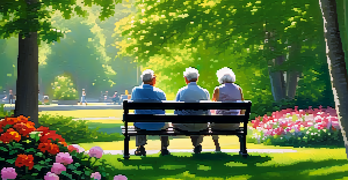 An elderly couple reading a financial magazine in a sunny park, surrounded by greenery and flowers.