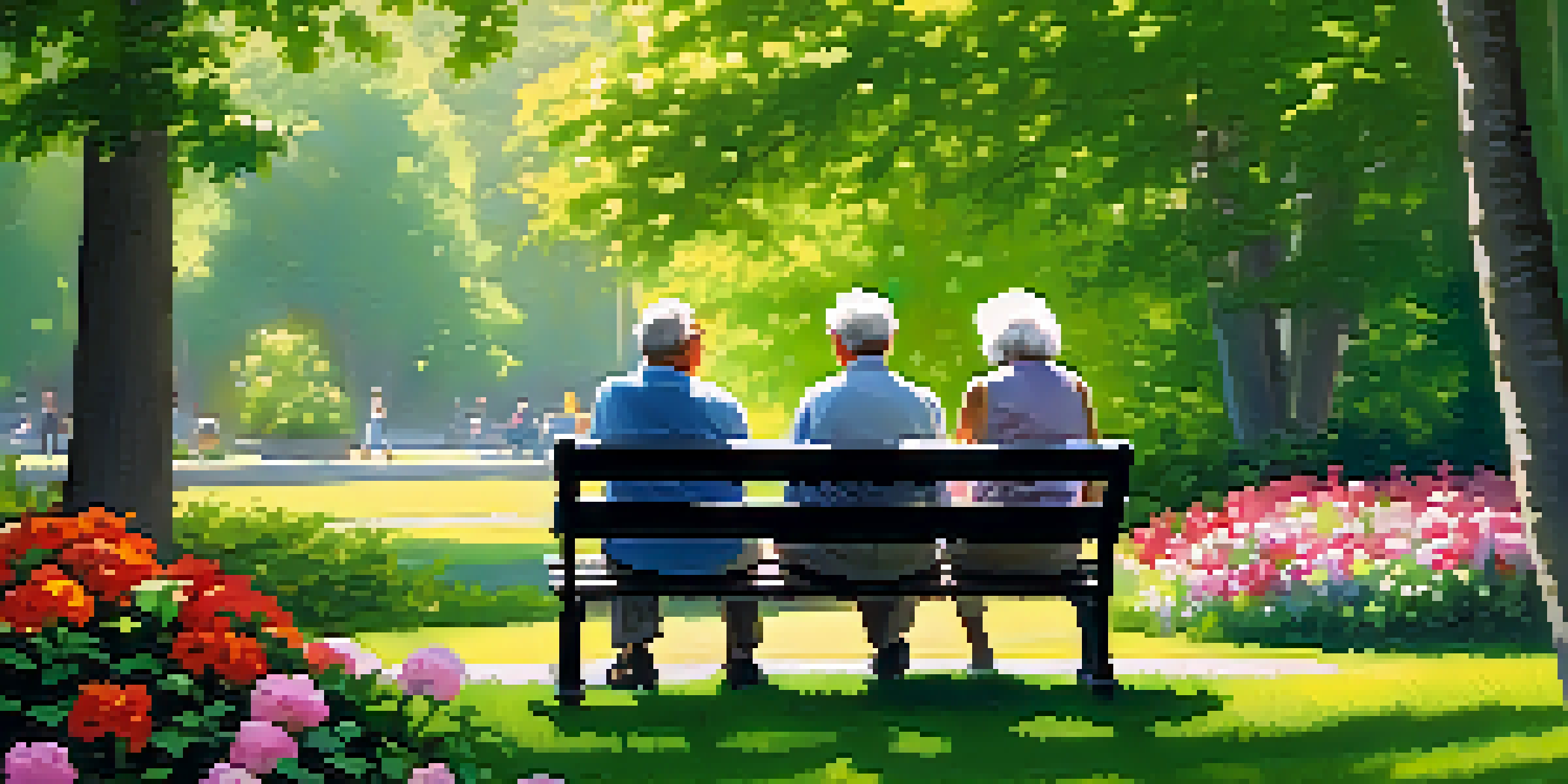 An elderly couple reading a financial magazine in a sunny park, surrounded by greenery and flowers.