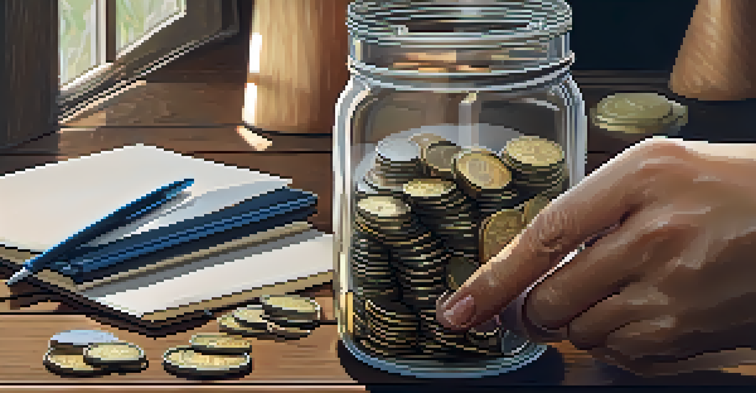 A close-up of a hand adding a coin to a glass jar labeled 'Savings' filled with coins, next to a notebook and pen on a wooden table.