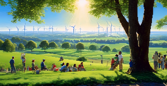 A vibrant green field with wind turbines in the distance and diverse individuals planting trees under a sunny sky.
