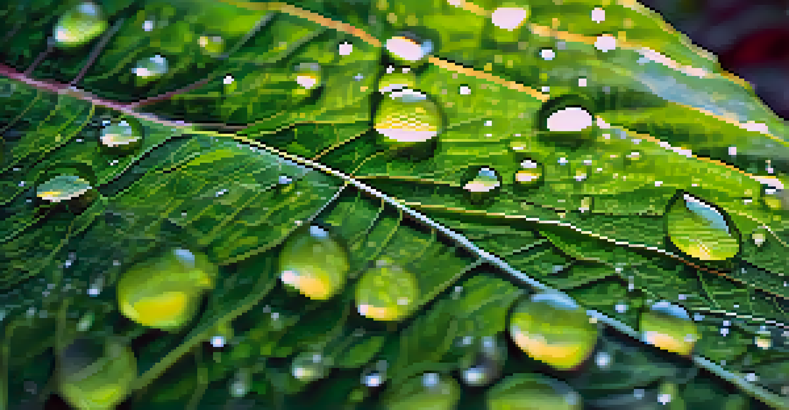 A close-up of a green leaf with water droplets and sunlight filtering through.