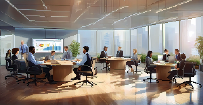 A diverse group of financial analysts in a modern office, collaborating over charts and graphs with sunlight streaming through the windows.