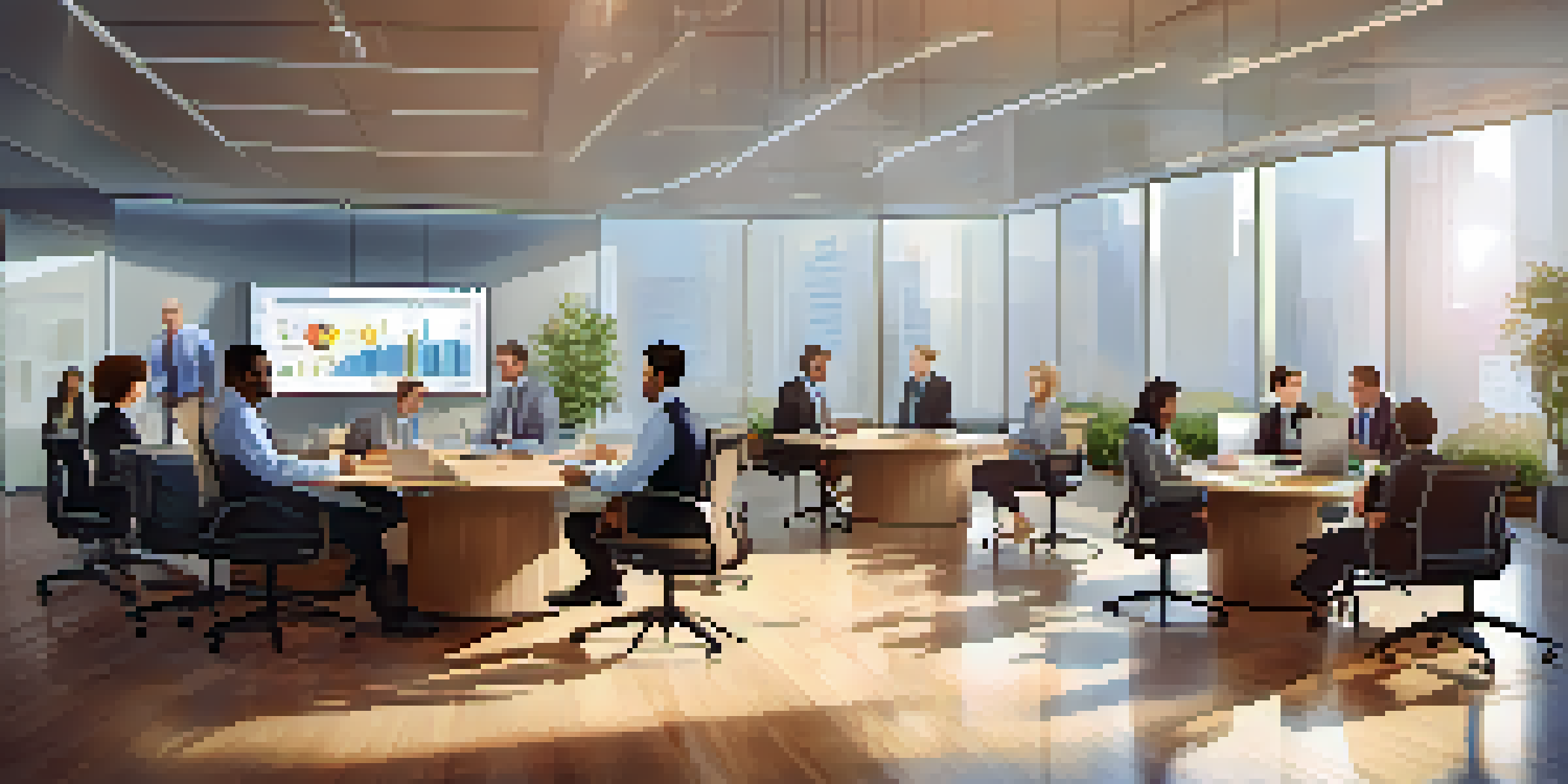 A diverse group of financial analysts in a modern office, collaborating over charts and graphs with sunlight streaming through the windows.
