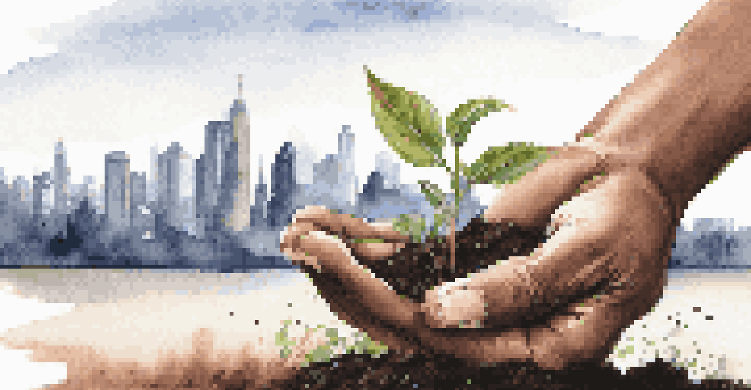 A close-up of a hand holding a small plant in soil with a city skyline in the background, symbolizing the connection between nature and sustainable urban development.