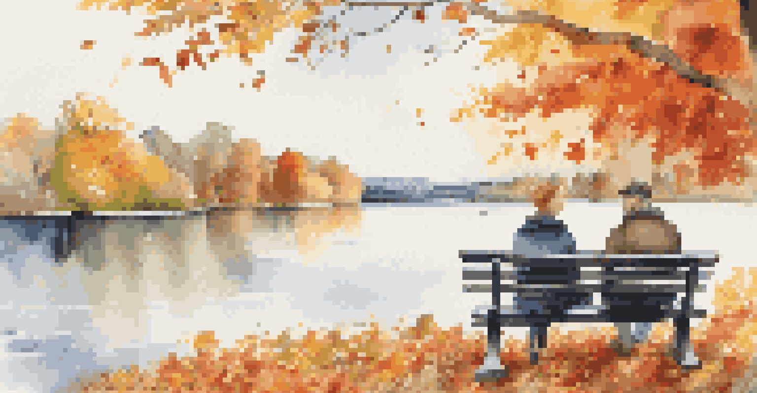 A couple sitting on a bench in a park, discussing financial planning, surrounded by autumn leaves and a lake.