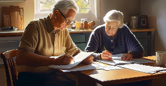 An elderly couple working together at a kitchen table, reviewing their finances with a laptop and documents around them, bathed in warm sunlight.