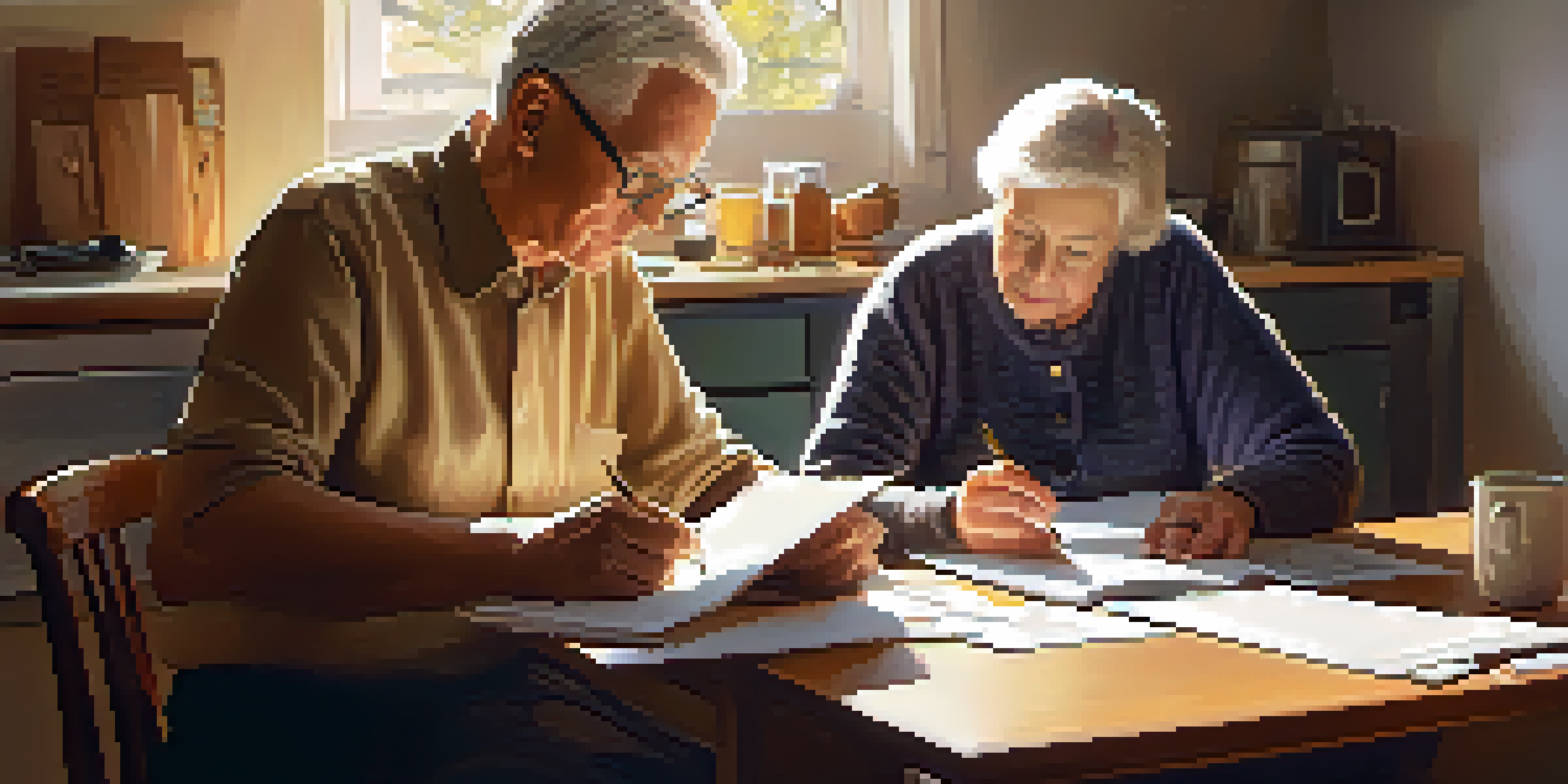 An elderly couple working together at a kitchen table, reviewing their finances with a laptop and documents around them, bathed in warm sunlight.