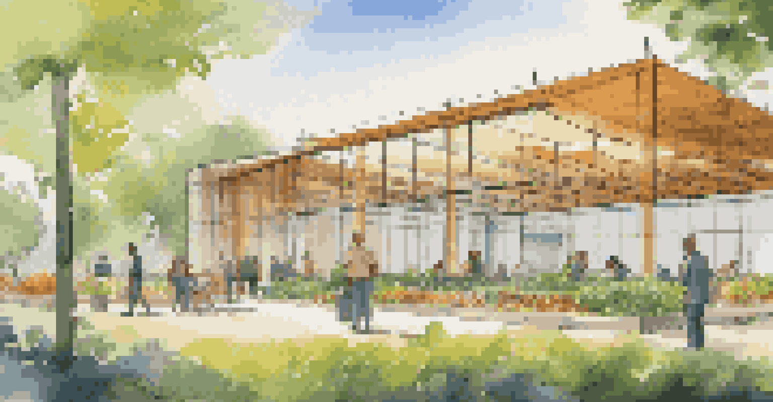 A group of people planting trees in front of a modern eco-friendly building, illustrating sustainability in business.