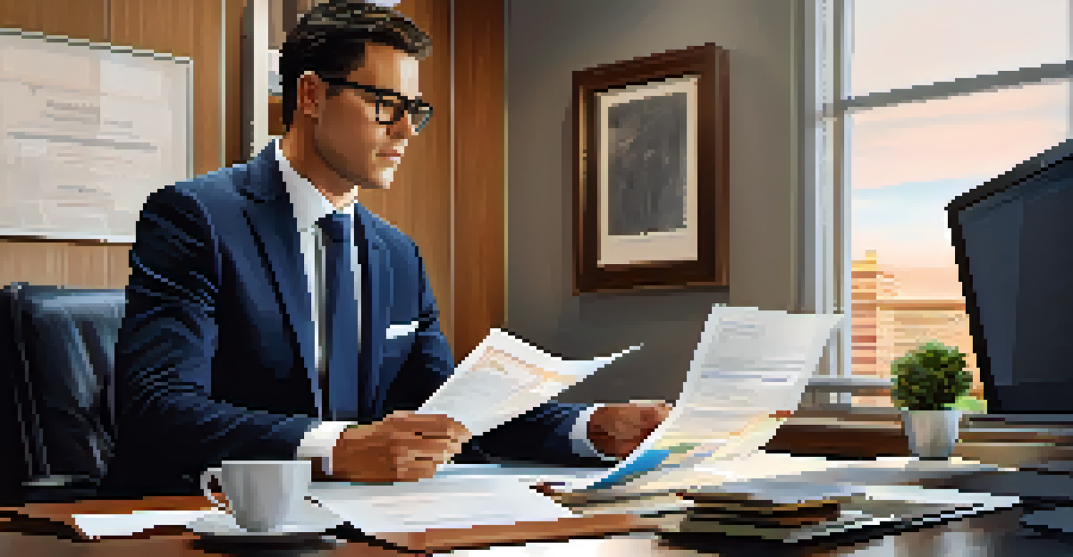 A compliance officer intently reviewing documents at a desk filled with organized files and a laptop in a warm office setting.