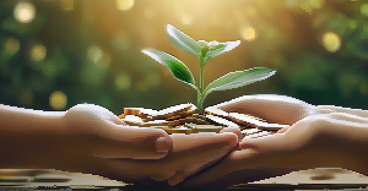 Hands holding a plant growing from a pile of coins, symbolizing sustainable investing.