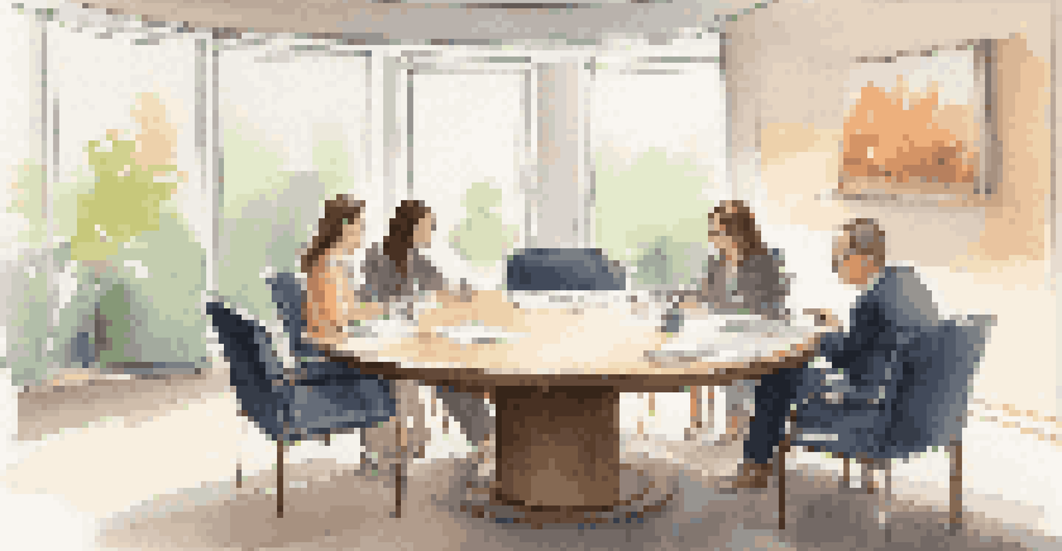 A cozy meeting room with a round table and engaged couple discussing with a financial advisor.