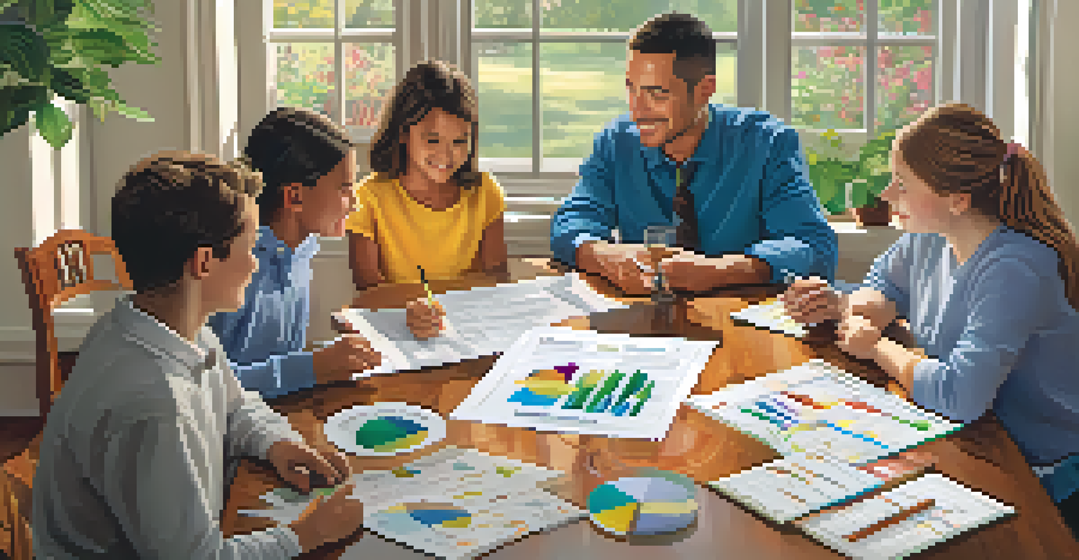 A family engaged in discussion about education savings at a table, surrounded by charts and documents in a cozy home setting.