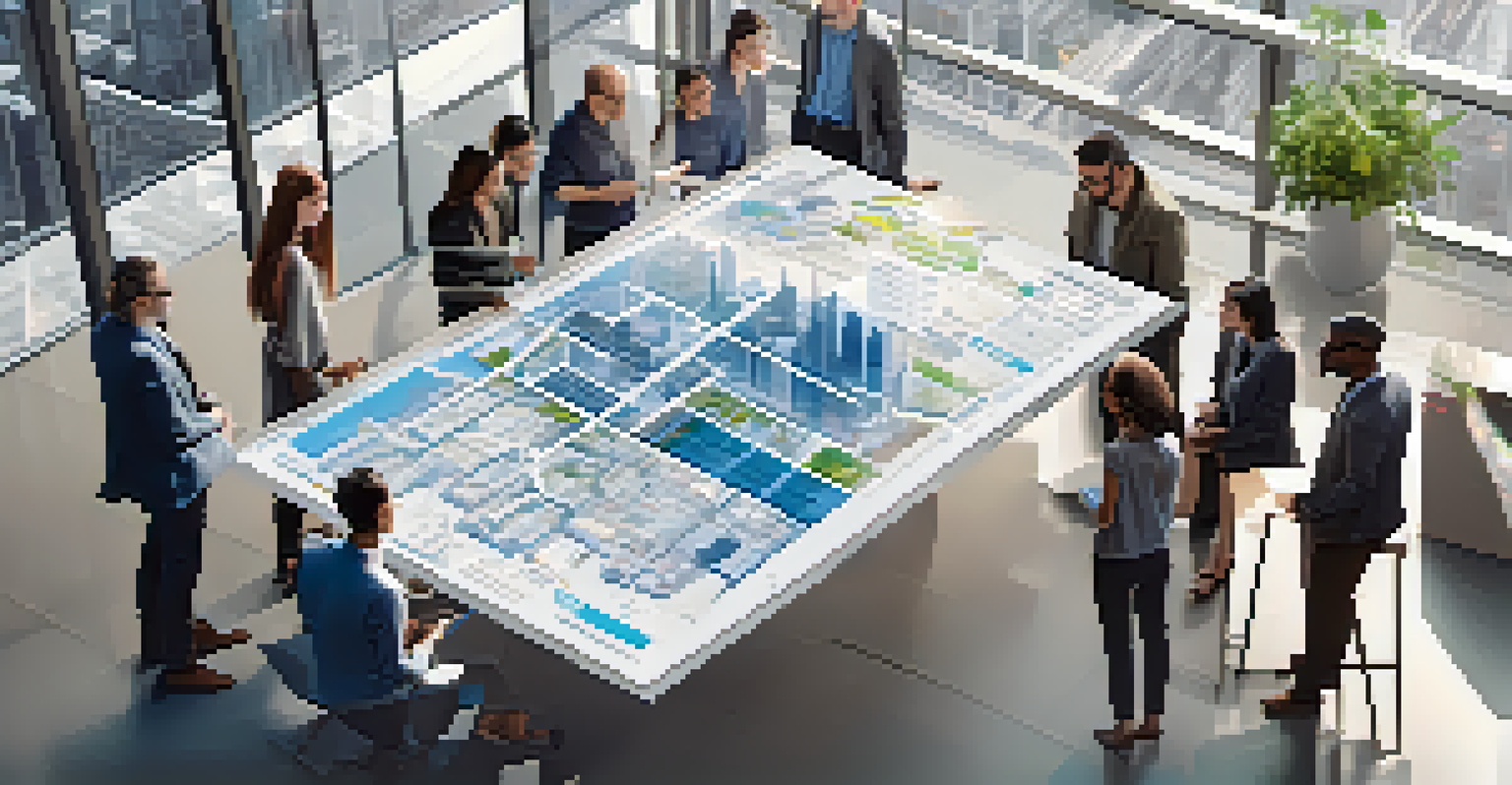 A group of individuals working together around a digital table with 3D models of urban infrastructure projects.