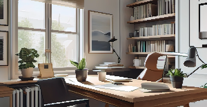 A cozy home office with a laptop showing budgeting software, a chair by the window, and a small plant on the desk.