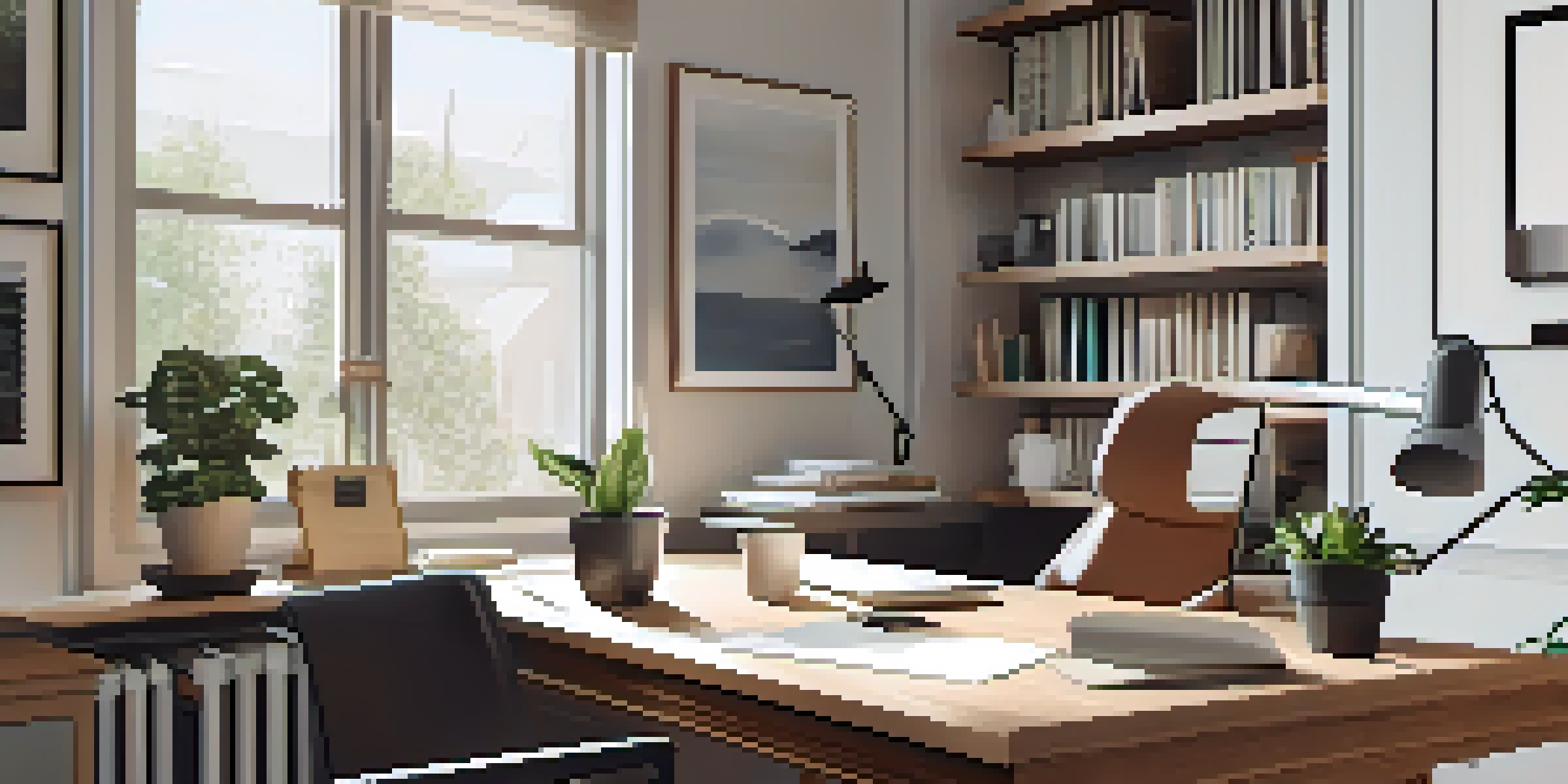 A cozy home office with a laptop showing budgeting software, a chair by the window, and a small plant on the desk.