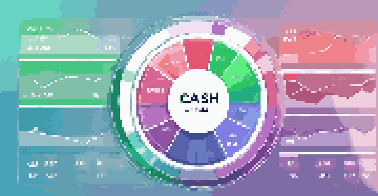 An infographic showing cash flow trends with pie and bar graphs, surrounded by icons of various marketing channels on a gradient background.