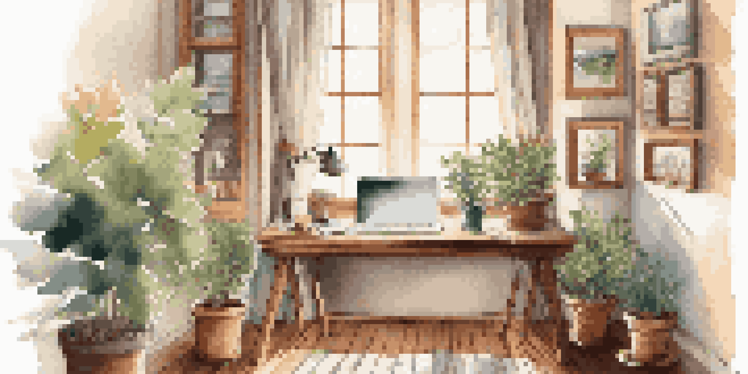 A warm and inviting home office with a wooden desk, laptop, coffee cup, and plants, illuminated by sunlight.