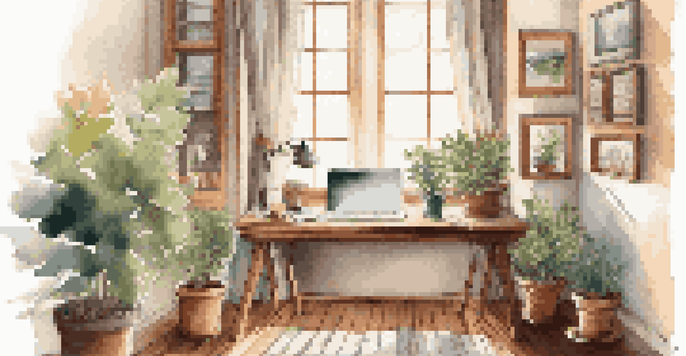 A warm and inviting home office with a wooden desk, laptop, coffee cup, and plants, illuminated by sunlight.