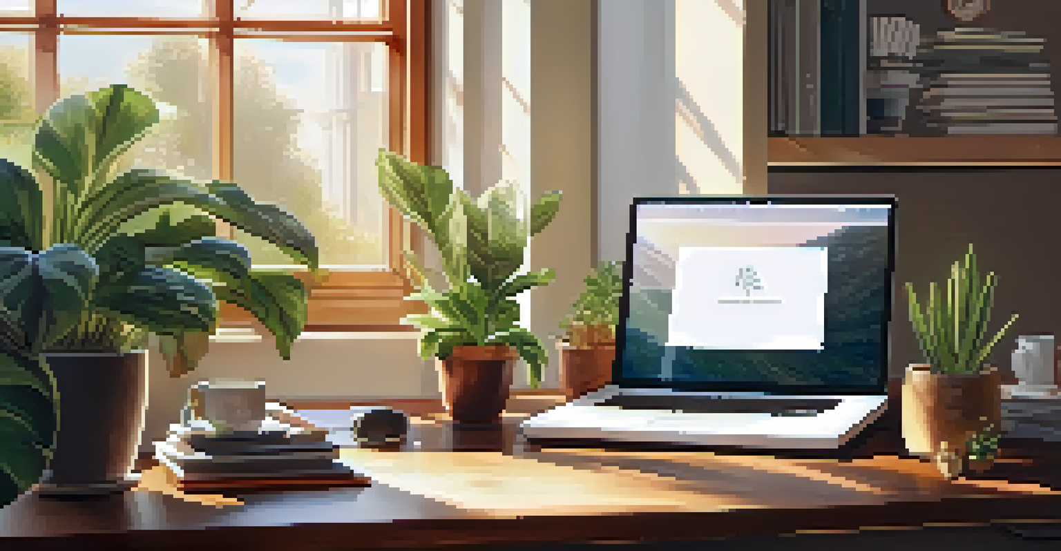 A warm and inviting home office with a desk, laptop, and houseplants, illuminated by sunlight.