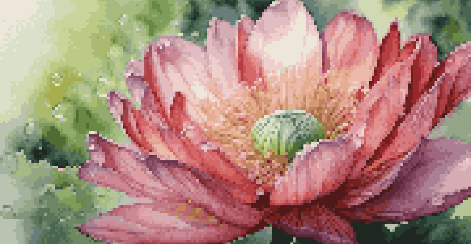 A close-up of a blooming flower with red and pink petals surrounded by green leaves and dew droplets.