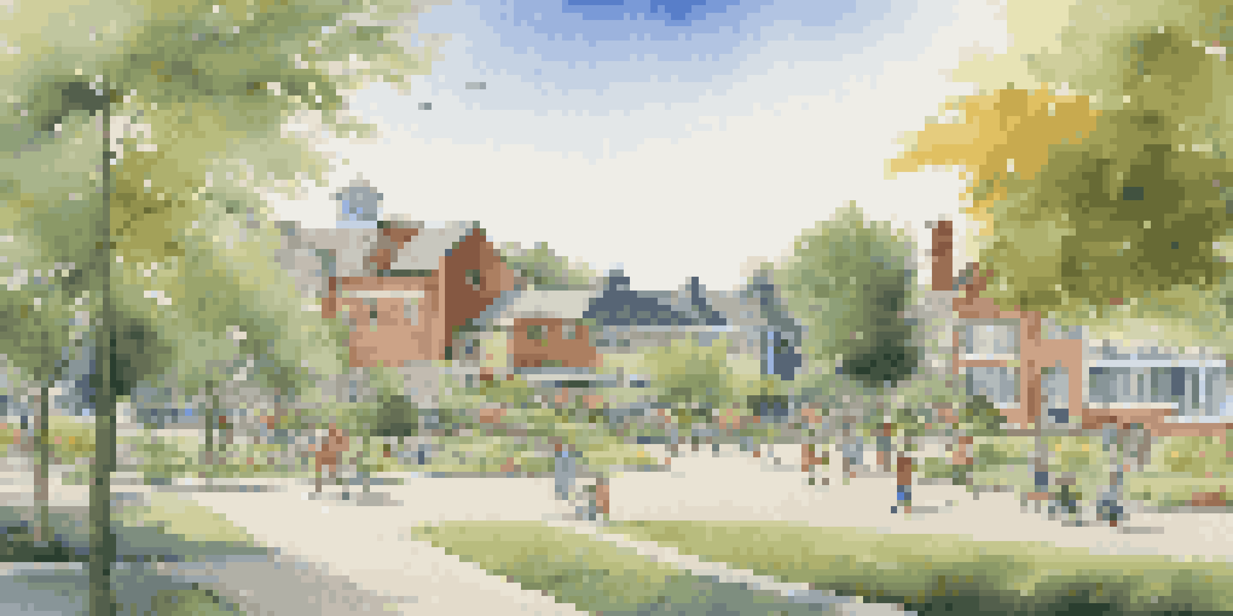 A peaceful town landscape showing schools and hospitals, with children playing in a park and families in a green setting.