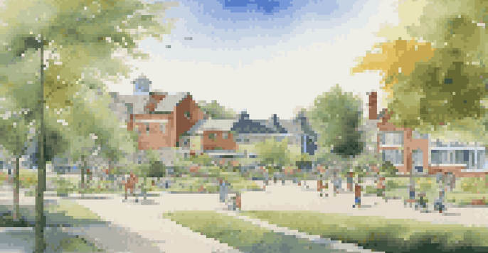 A peaceful town landscape showing schools and hospitals, with children playing in a park and families in a green setting.