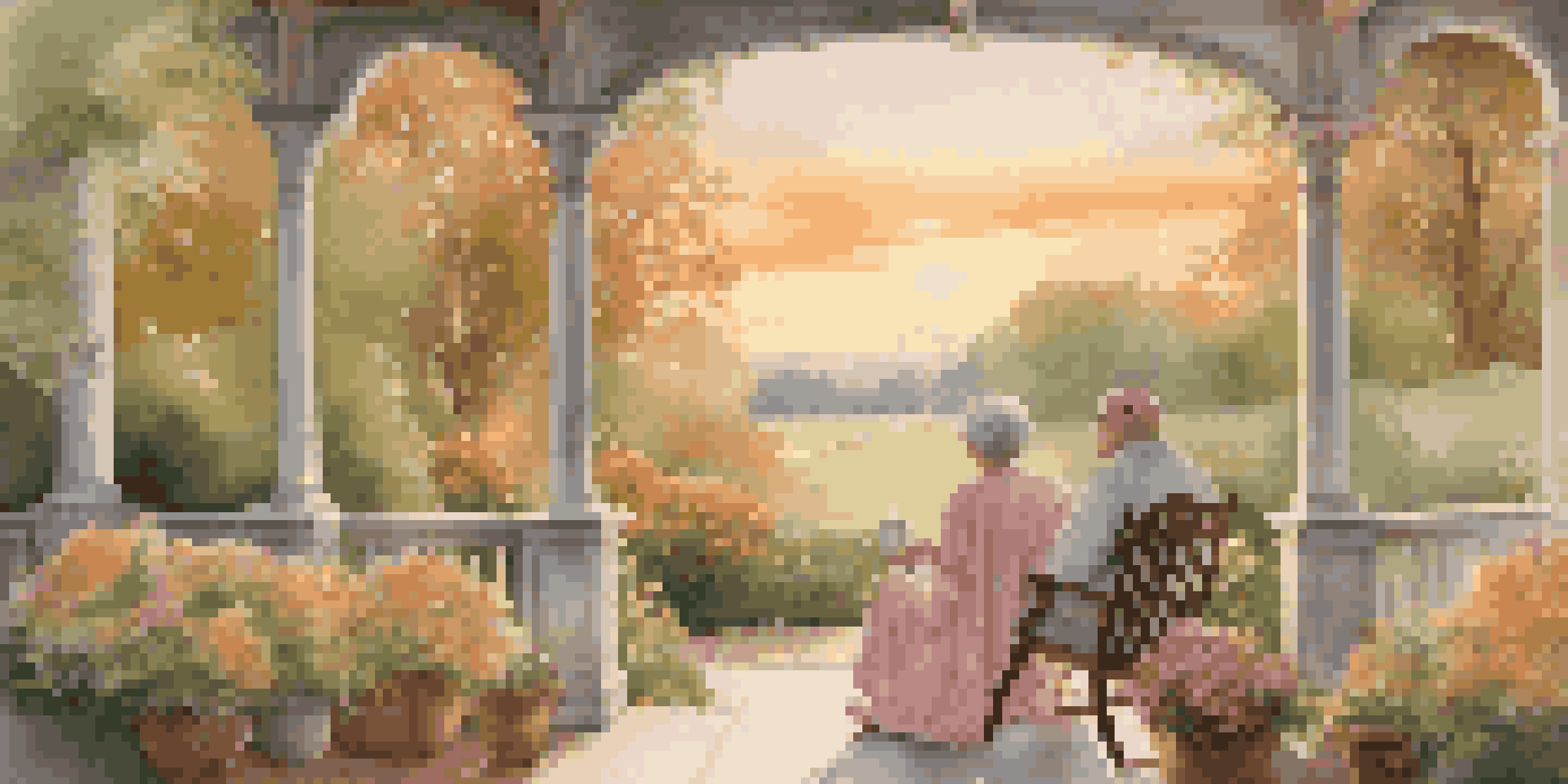 A couple sitting on a porch overlooking a vibrant garden at sunset, enjoying a peaceful moment.