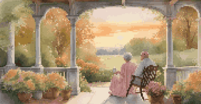 A couple sitting on a porch overlooking a vibrant garden at sunset, enjoying a peaceful moment.