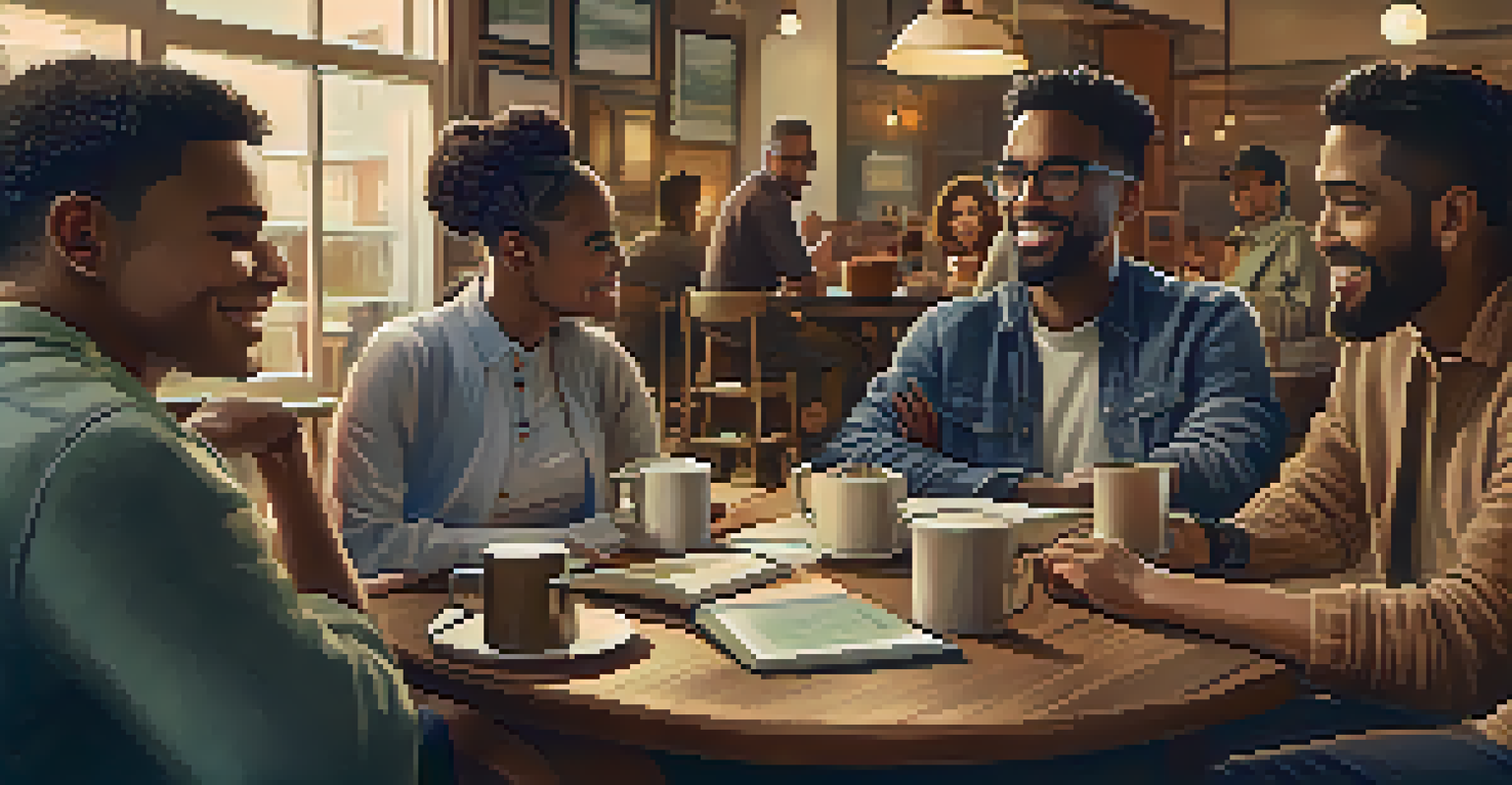A diverse group of friends at a café discussing financial goals, surrounded by coffee cups and notebooks in a warm atmosphere.