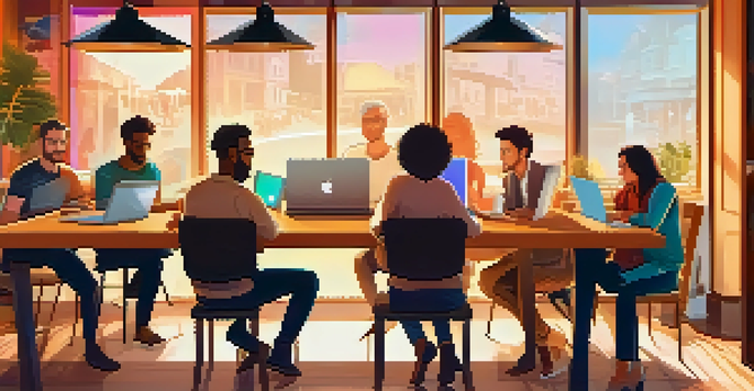 A diverse group of people engaging in discussions about crowdfunding opportunities in a cozy coffee shop, with a laptop displaying a crowdfunding platform interface.