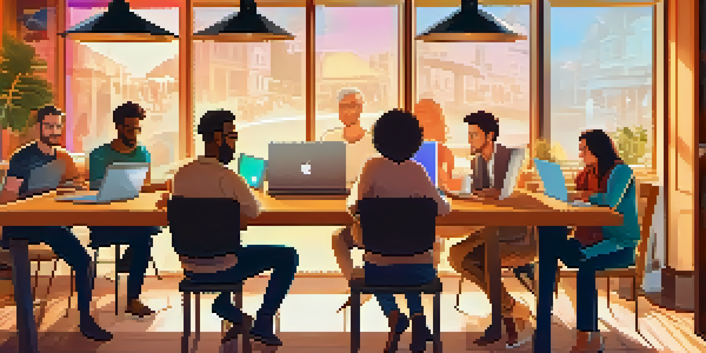 A diverse group of people engaging in discussions about crowdfunding opportunities in a cozy coffee shop, with a laptop displaying a crowdfunding platform interface.