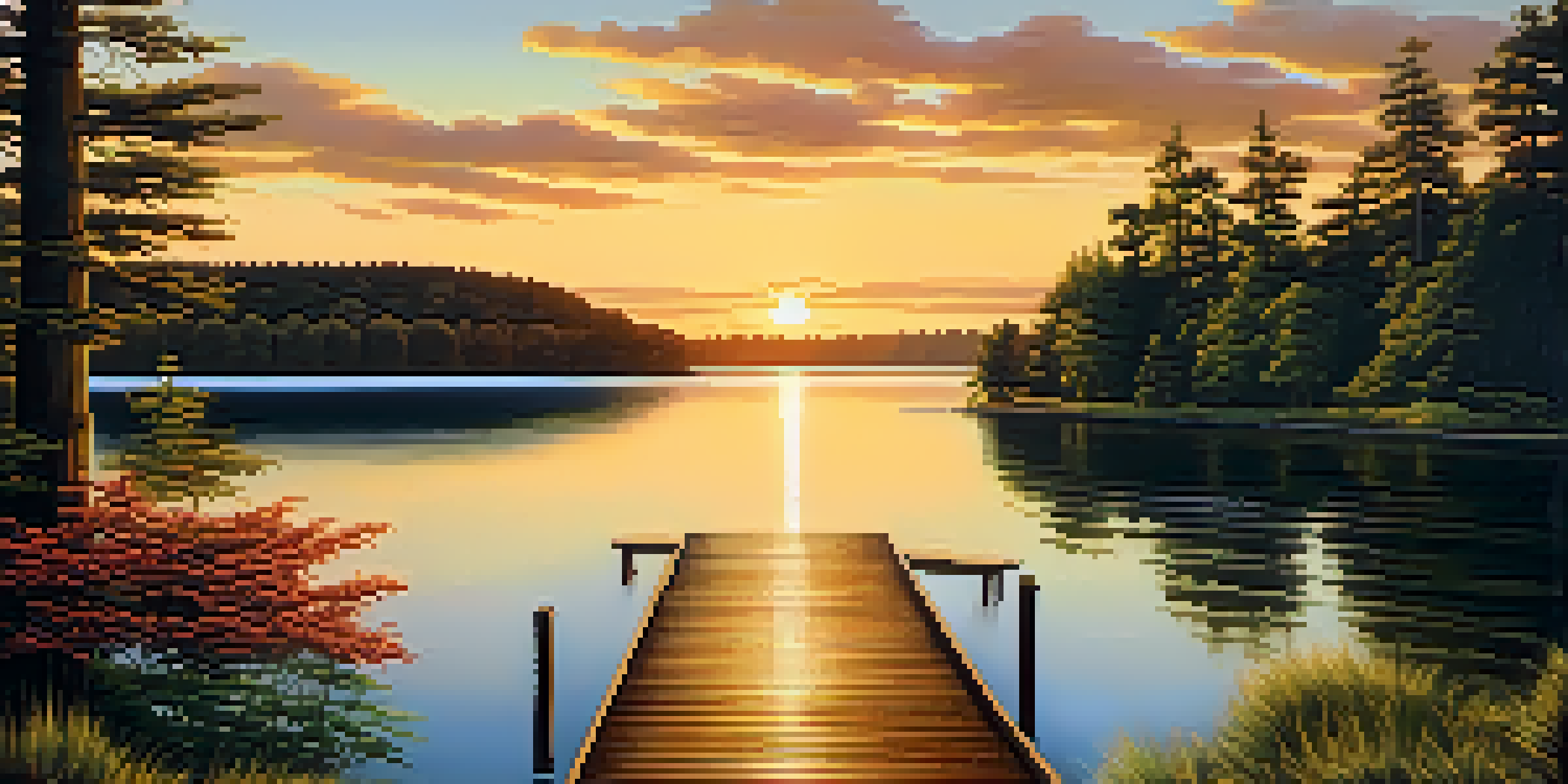 A tranquil lake at sunset with lush trees and a wooden dock extending into the water.