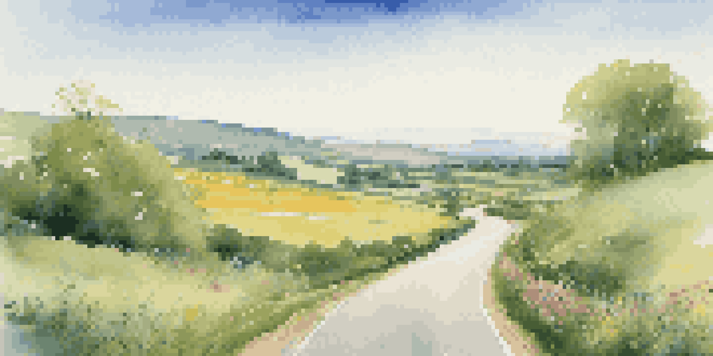 A scenic view of a winding road through green fields under a clear sky, with a signpost showing different destinations.