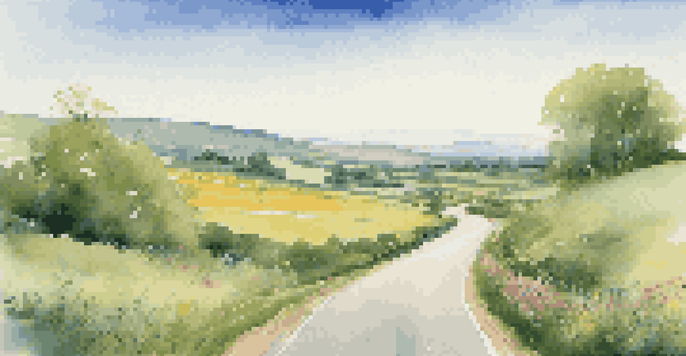 A scenic view of a winding road through green fields under a clear sky, with a signpost showing different destinations.