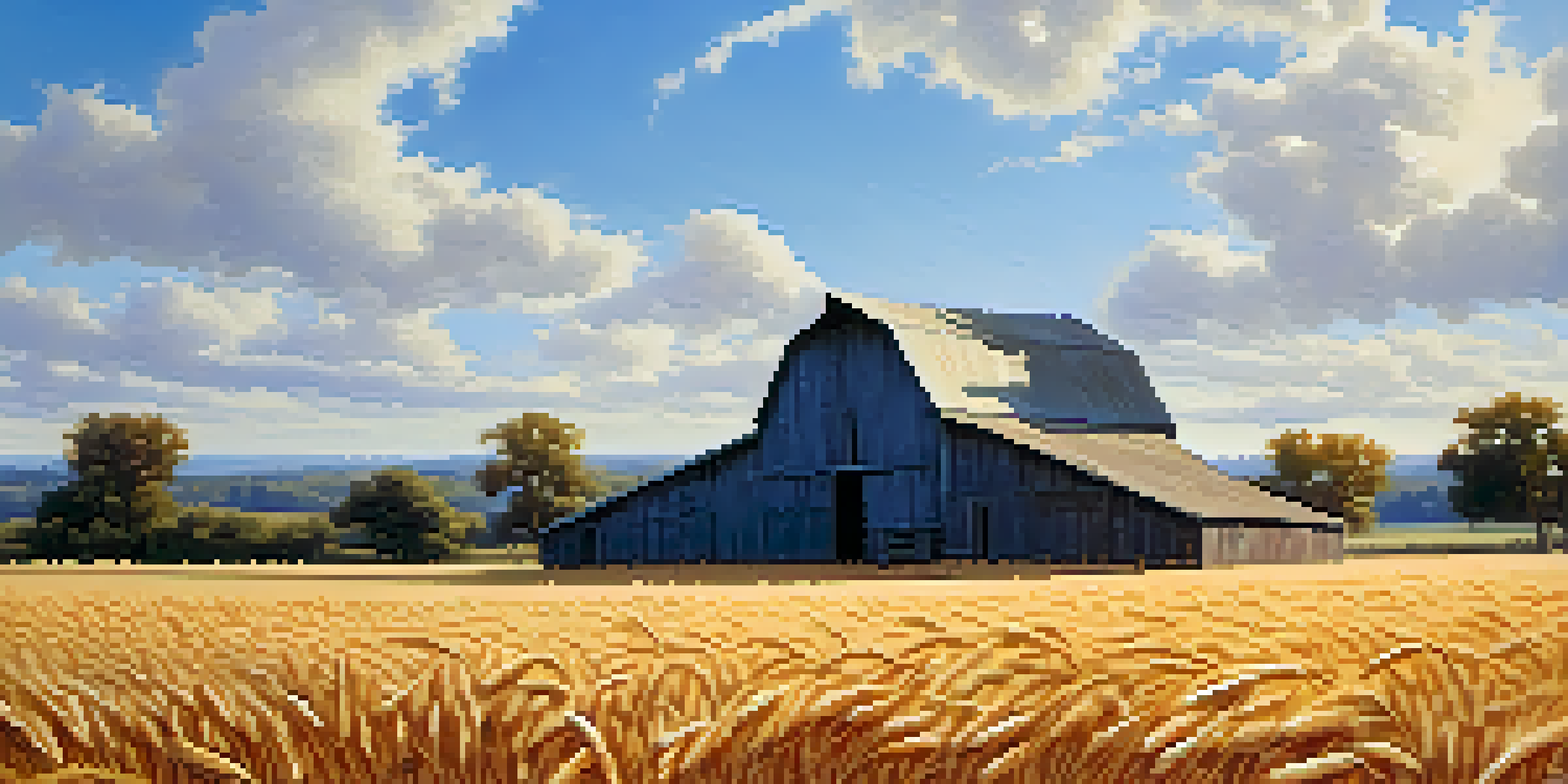A peaceful view of a golden wheat field with a rustic barn and a bright blue sky.