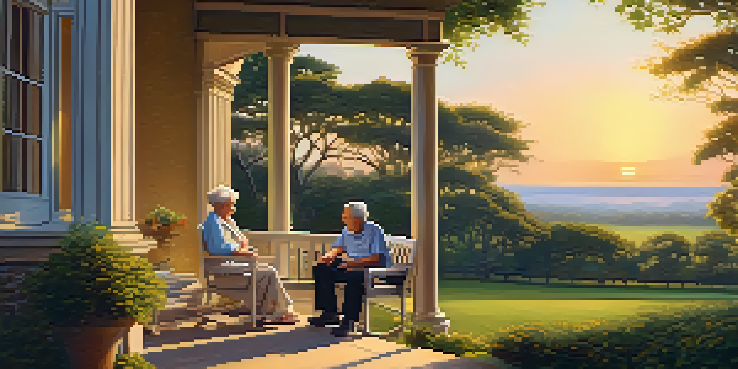 An elderly couple sitting on a porch, enjoying a beautiful sunset over a green garden.