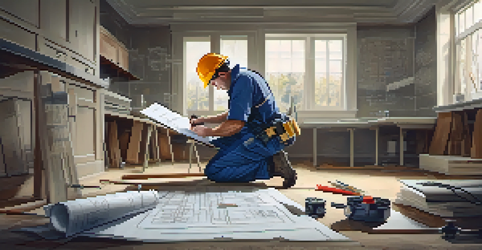 A property inspector examining a house's foundation and plumbing with safety gear, tools, and notes.