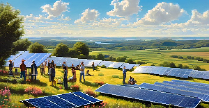 A diverse group of people discussing renewable energy in front of a solar farm, with bright sunlight and wildflowers in the foreground.