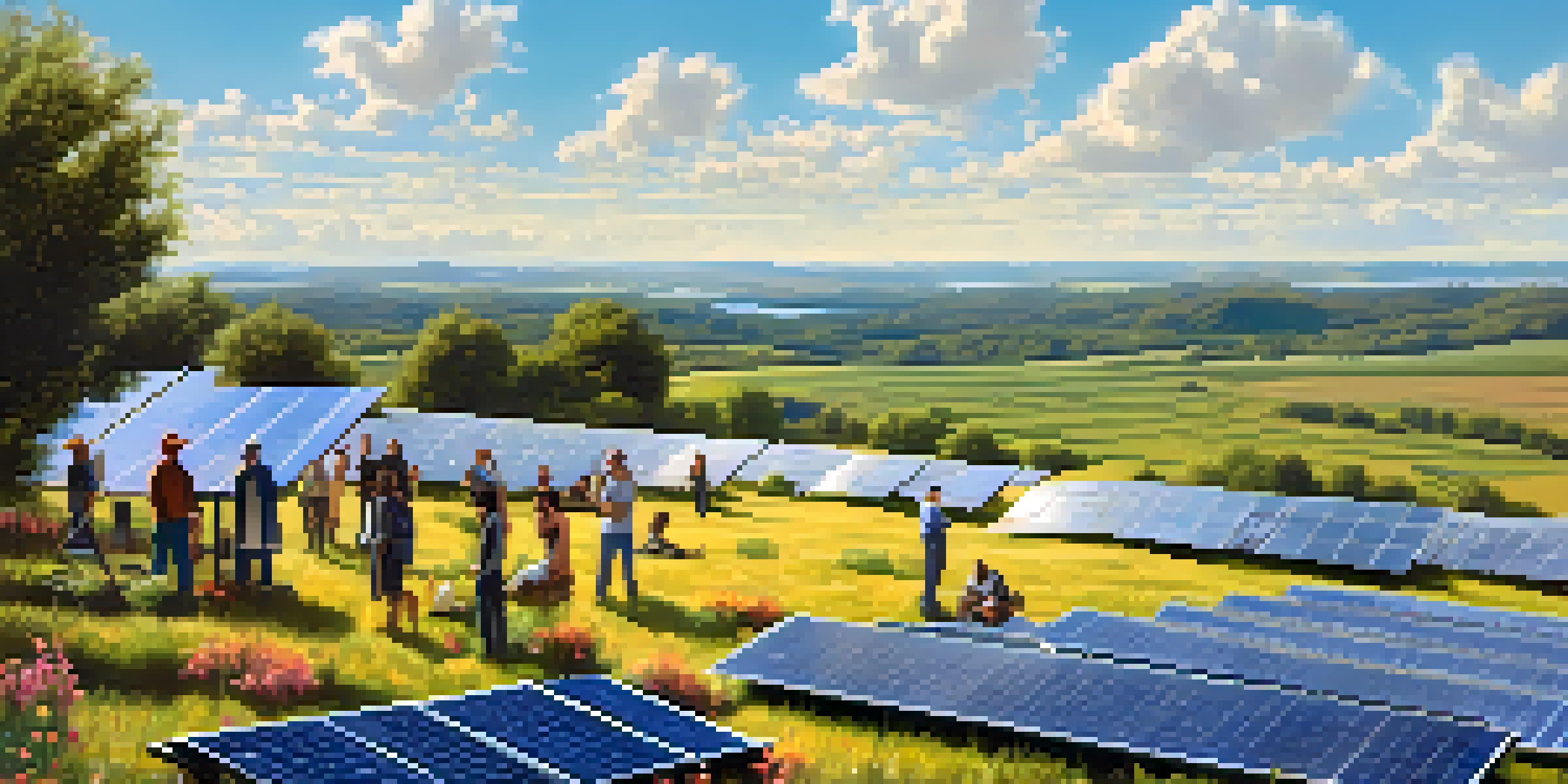 A diverse group of people discussing renewable energy in front of a solar farm, with bright sunlight and wildflowers in the foreground.