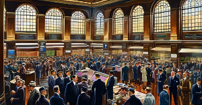 A lively scene of a 1920s stock exchange with traders in vintage clothing, surrounded by chalkboards of stock prices and warm lighting.