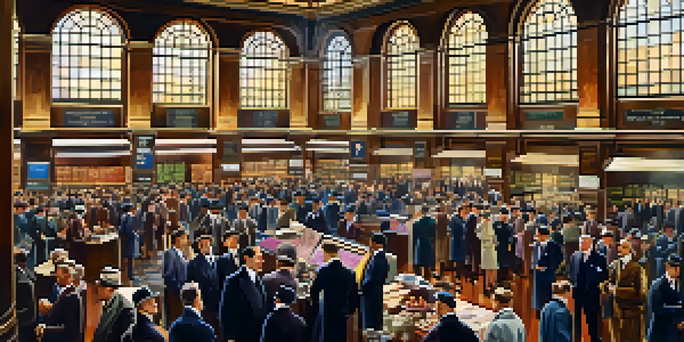 A lively scene of a 1920s stock exchange with traders in vintage clothing, surrounded by chalkboards of stock prices and warm lighting.