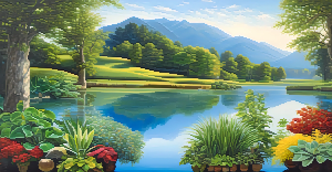 A peaceful landscape with diverse plants symbolizing different types of investments, reflecting a clear lake under a blue sky.