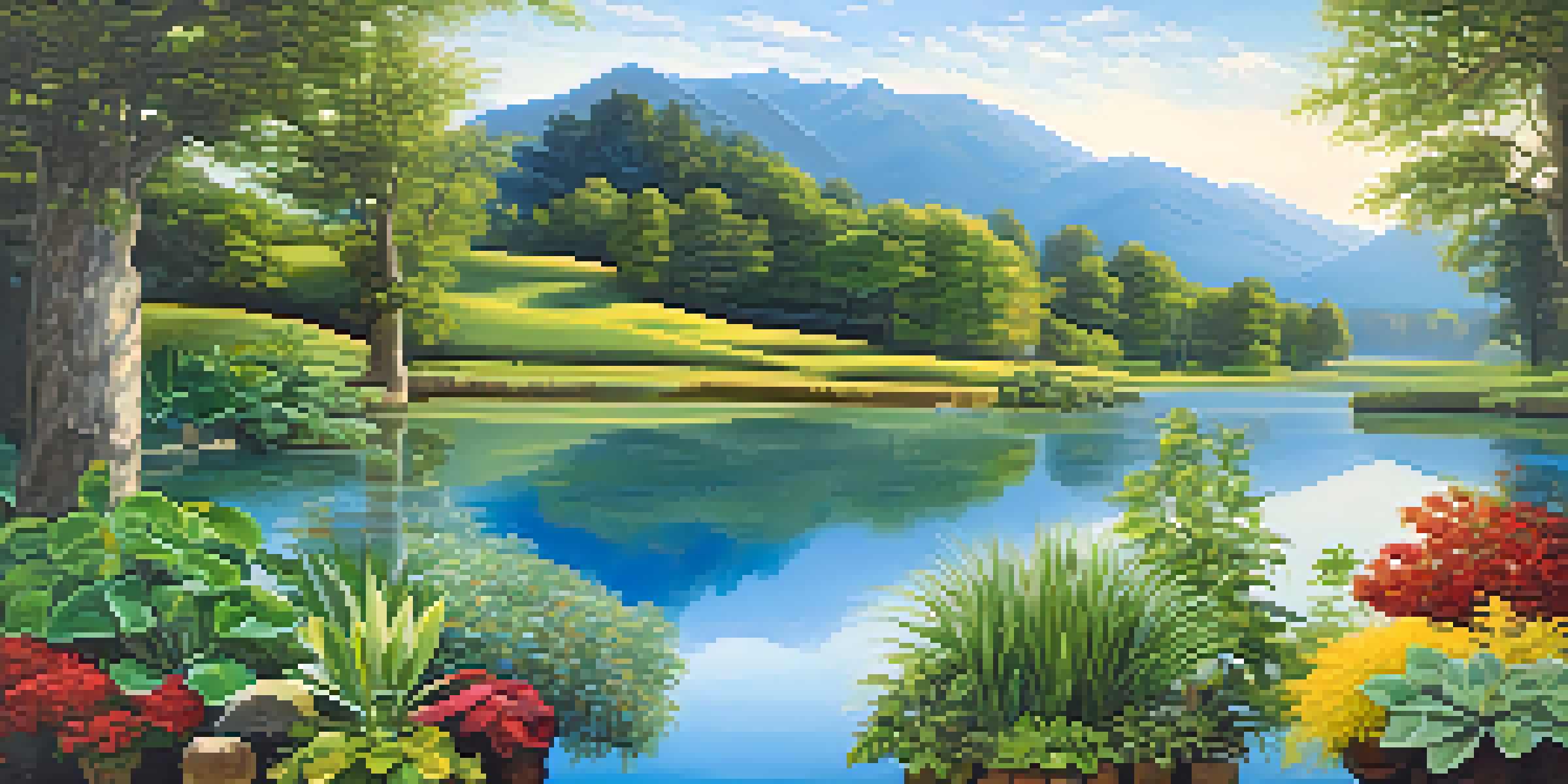 A peaceful landscape with diverse plants symbolizing different types of investments, reflecting a clear lake under a blue sky.