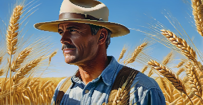 A farmer in a wheat field holding a contract, symbolizing agricultural stability.