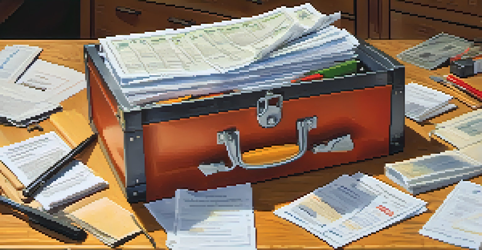 A toolbox filled with labeled insurance documents and tools, representing financial planning, on a wooden surface.